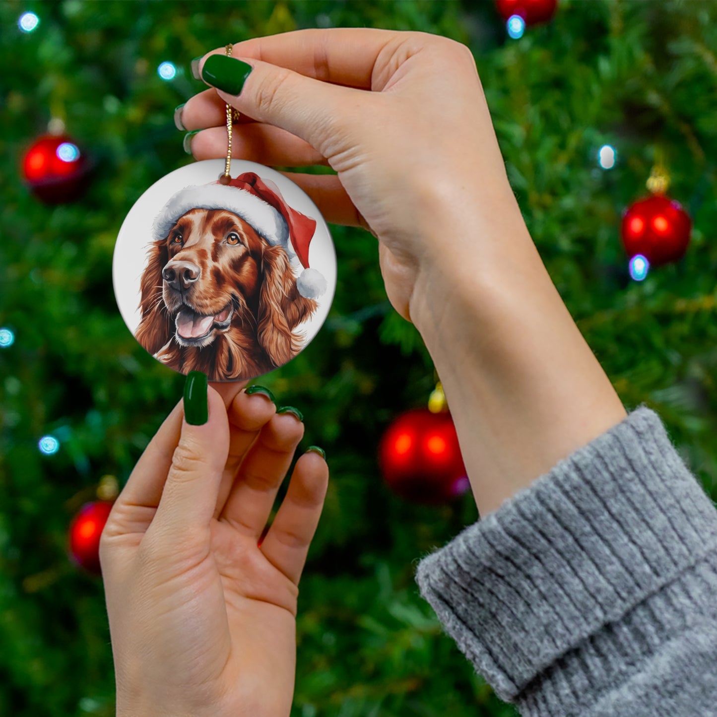 Ceramic Ornament - Irish Setter Dog With Santa Hat      Item #920418