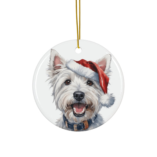 West Highland White Terrier Dog With Santa Hat Ceramic Disc Ornament          Item #5902506