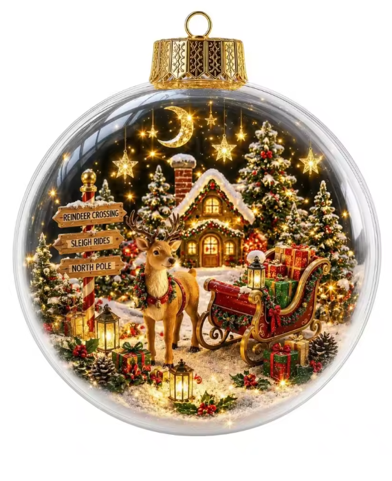 Santa's Creations Acrylic Christmas Reindeer Scene Ball Ornament With Light