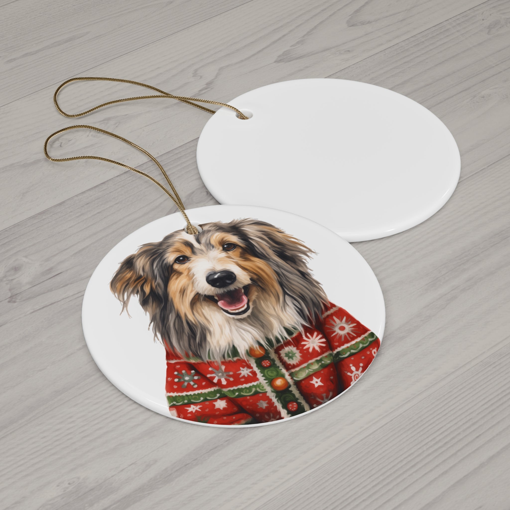 Dog With Christmas Sweater Ceramic Disc Ornament         Item #792982