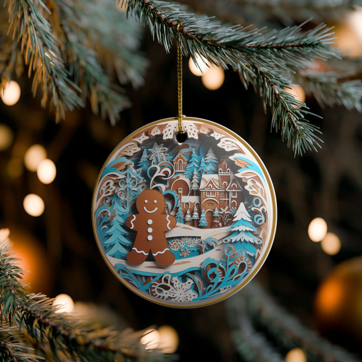 Ceramic Christmas Ornament with Gingerbread Man and Winter Wonderland Design   Item #214363