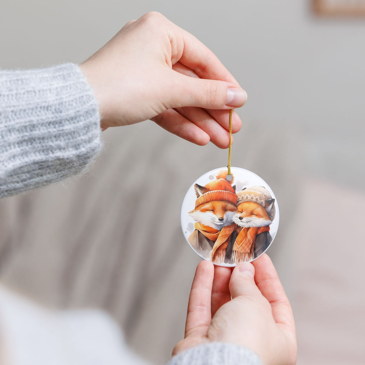Ceramic Ornament – Cozy Winter Fox Couple Holiday Decoration   Item #257947