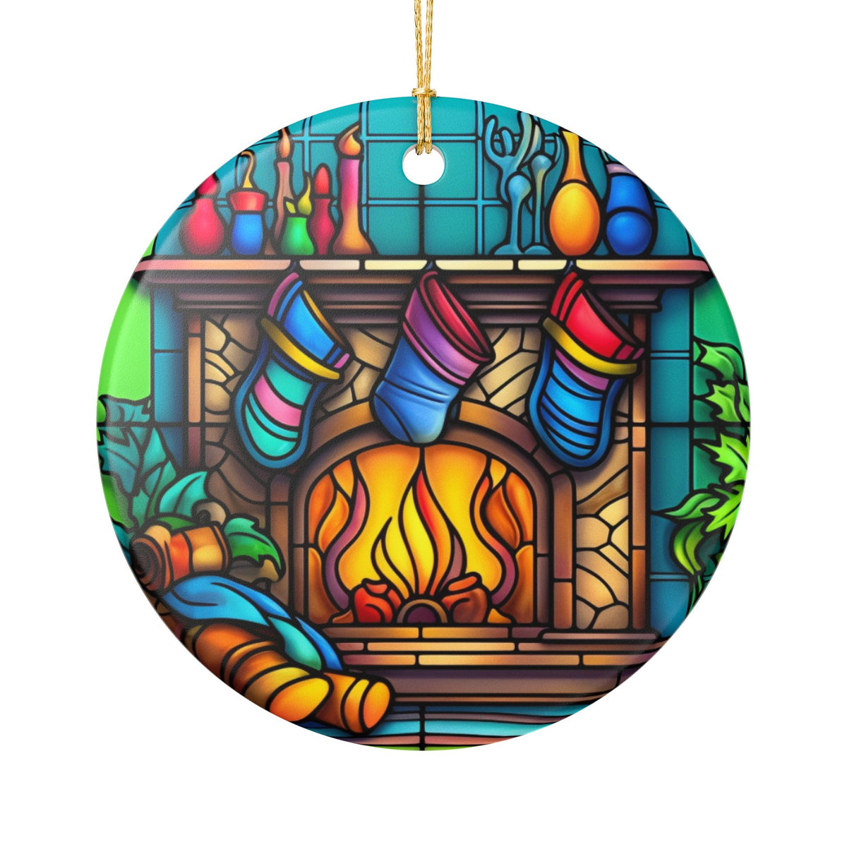 Stained Glass Christmas Fireplace Ceramic Ornament   Item #873986