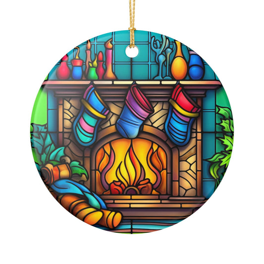 Stained Glass Christmas Fireplace Ceramic Ornament   Item #873986