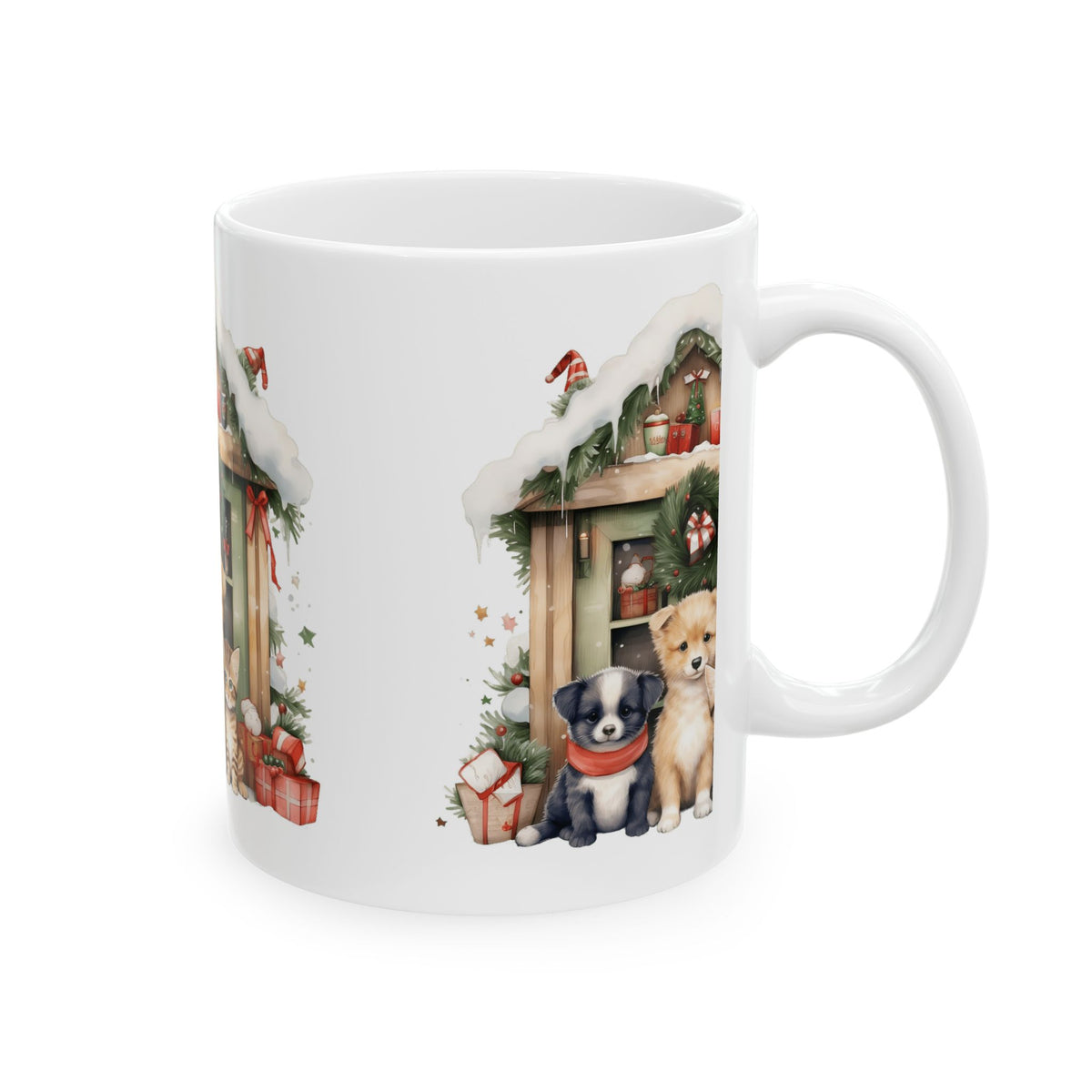 Holiday Pets Ceramic Mug – Cute Puppy & Kitten Christmas Scene 11oz   Item #298944