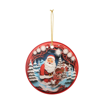 Ceramic Christmas Ornament with Santa, Reindeer & Winter Village   Item #553048