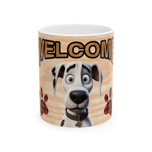 Welcome Dog Illustration Ceramic Mug – Cute Paw Print Coffee Cup 11oz    Item #428791