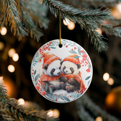 Ceramic Ornament with Cozy Panda Couple Winter Design   Item #13766