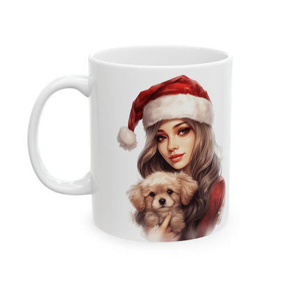 Festive Girl Holding A Puppy Christmas Ceramic Mug 11oz  Item #322182