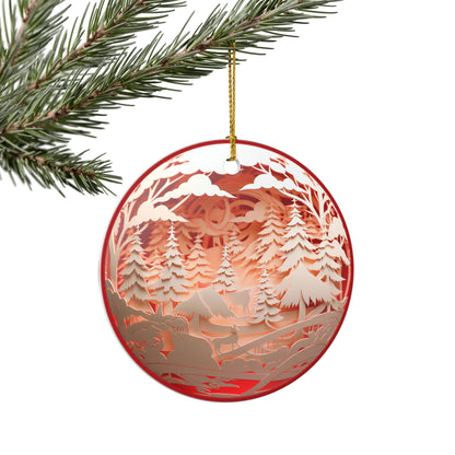 Red Ceramic Christmas Ornament with Forest Deer and Pine Trees   Item #941014