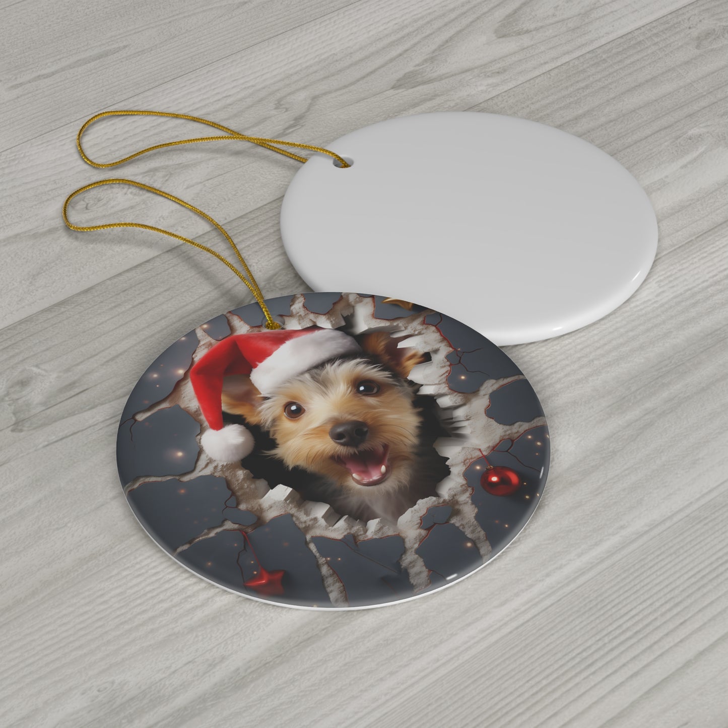 3D Dog With Santa Hat Breaking Out Ceramic Disc Ornament             Item #4924394