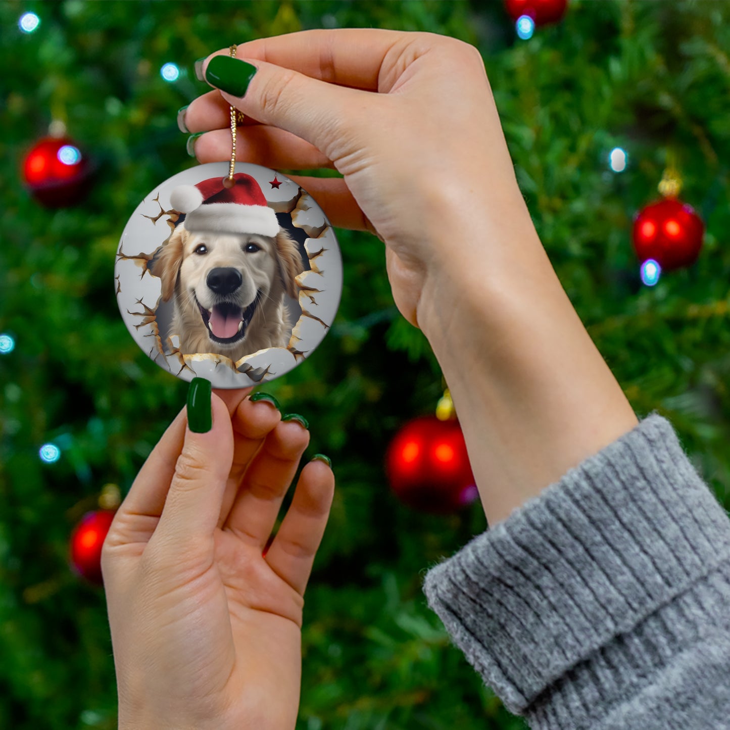 3D Dog With Santa Hat Breaking Out Ceramic Disc Ornament             Item #713244