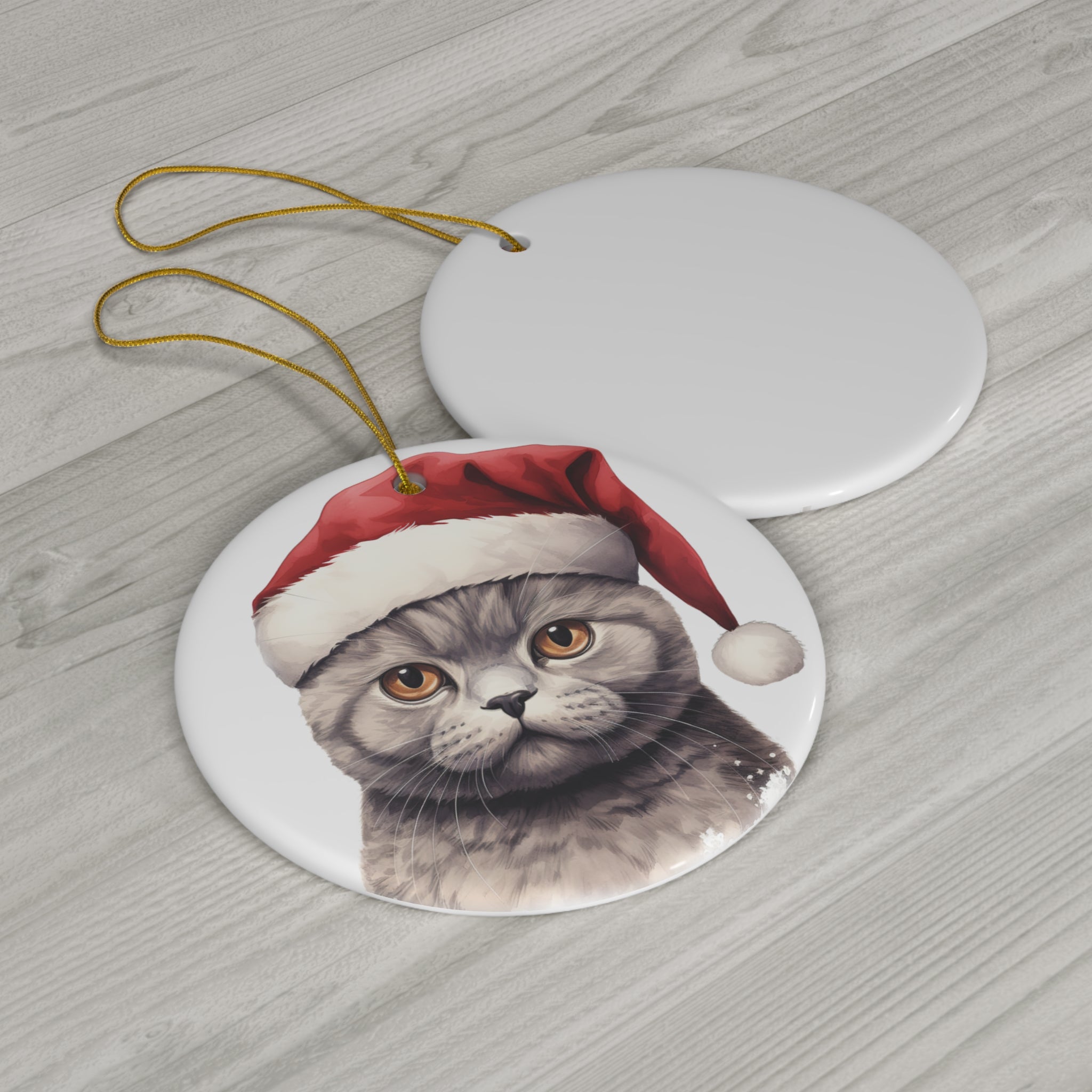 Scottish Fold Cat With Santa Hat Ceramic Ornament     Item #1322776