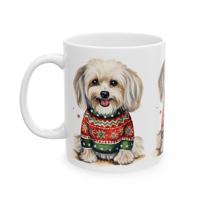 Cute Dog Christmas Mug — Holiday Puppy in Festive Sweater Ceramic Coffee Cup 11oz    Item #963608