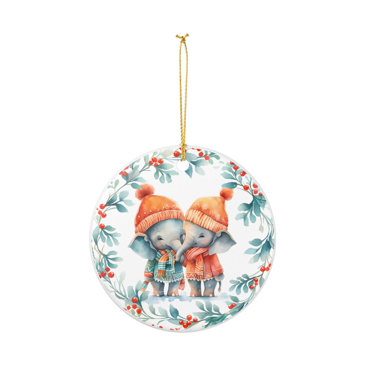 Ceramic Christmas Ornament with Cozy Elephant Couple    Item #101641