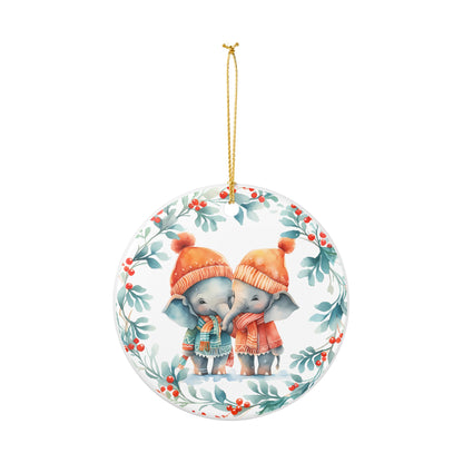 Ceramic Christmas Ornament with Cozy Elephant Couple    Item #101641