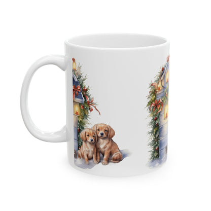 Holiday Dog & Lantern Ceramic Mug — Cute Puppies Christmas Coffee Cup 11oz  Item #75049