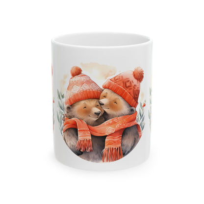 Cute Bear Couples Mug — Cozy Winter Bears in Matching Hats & Scarf 11oz   Item #17205