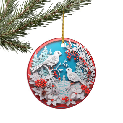Ceramic Christmas Ornament with Winter Birds and Red Berries   Item #909837