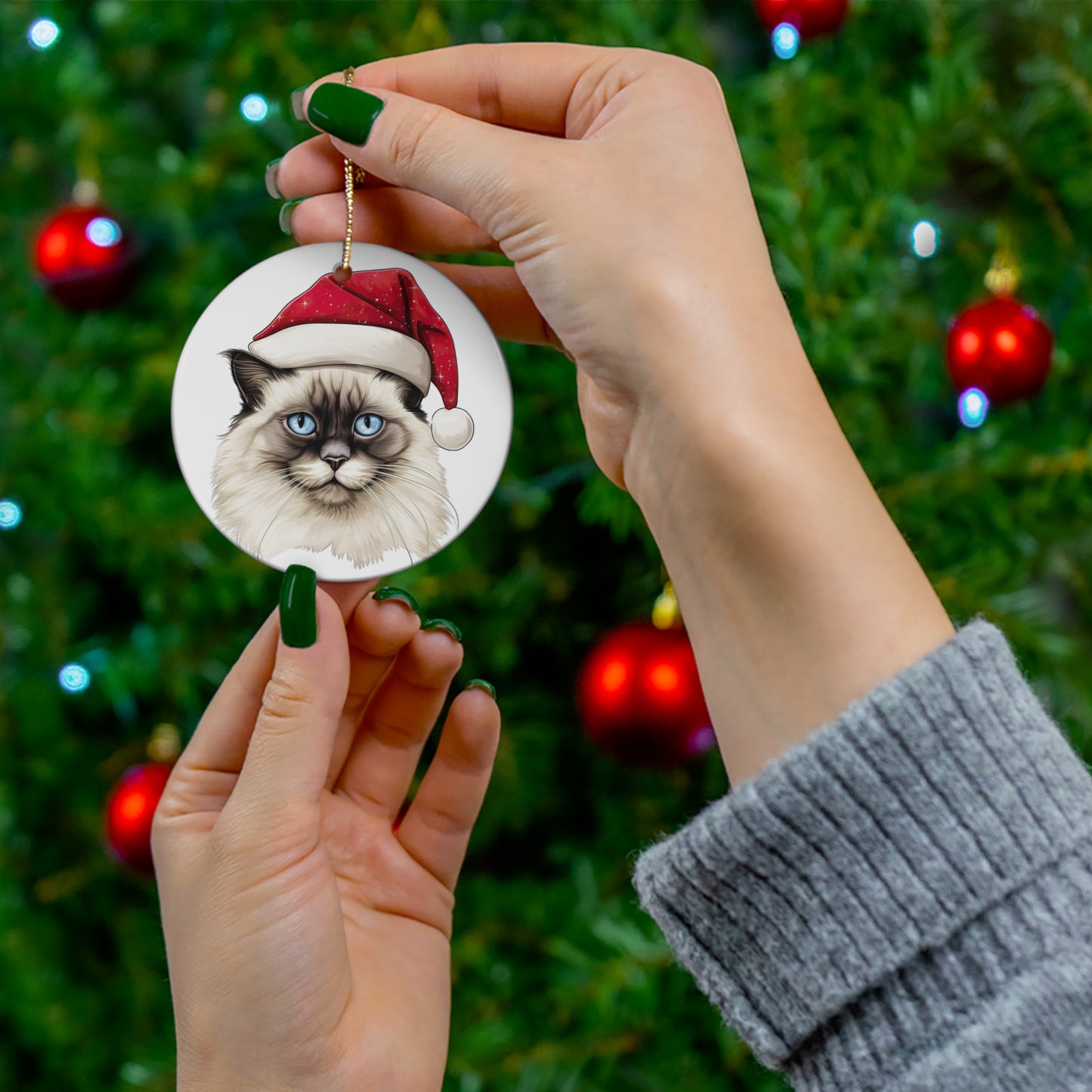 Ceramic Ornament - Birman Cat With Santa Hat      Item #8368424