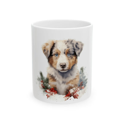 Holiday Aussie Shepherd Puppy Mug — Cute Christmas Dog Ceramic Coffee Cup 11oz  Item #160359