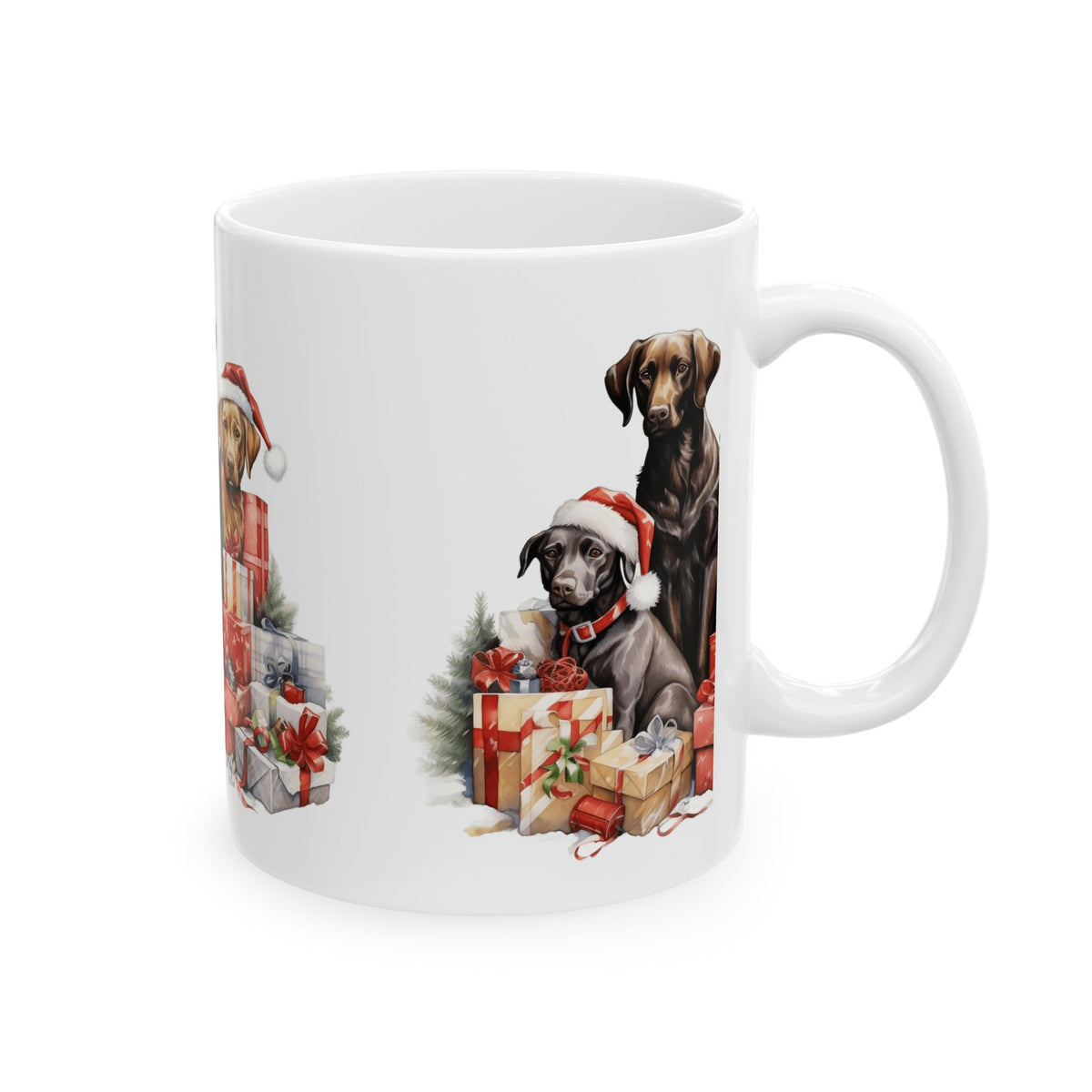 Christmas Dogs Ceramic Mug — Labrador Trio with Santa Hats & Gifts 11oz  Item #610489