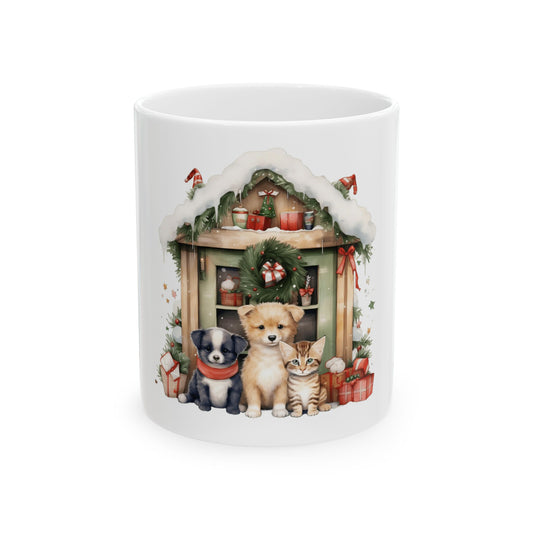 Holiday Pets Ceramic Mug – Cute Puppy & Kitten Christmas Scene 11oz   Item #298944