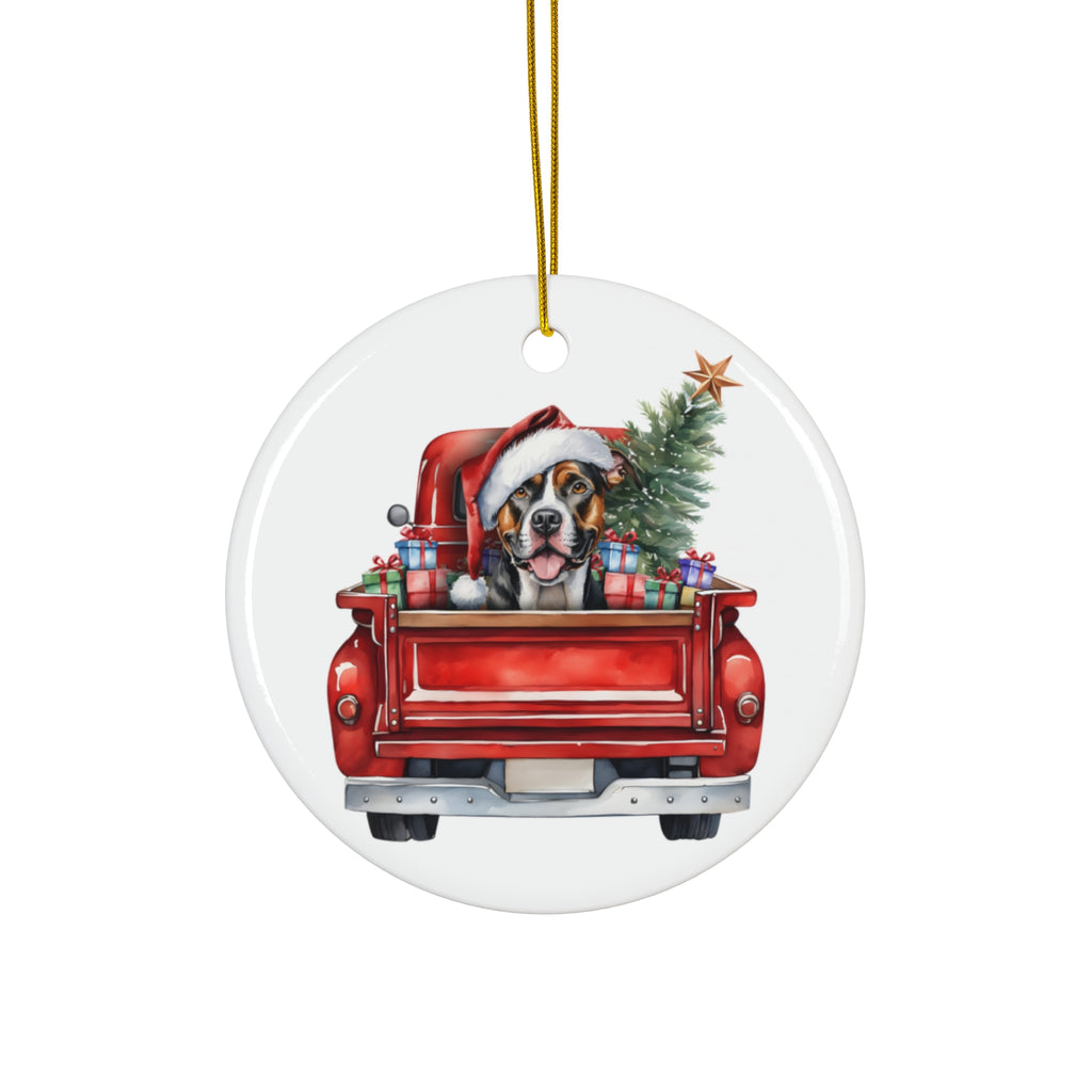 American Staffordshire Terrier Christmas Dog In Red Truck Ceramic Disc Ornament         Item #6542241