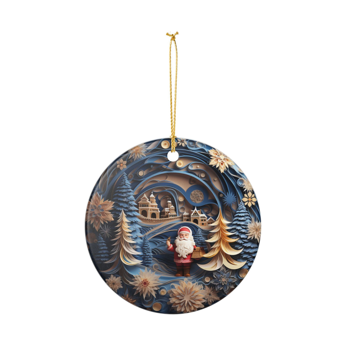 Ceramic Christmas Ornament with Santa and Winter Village Design   Item #768646