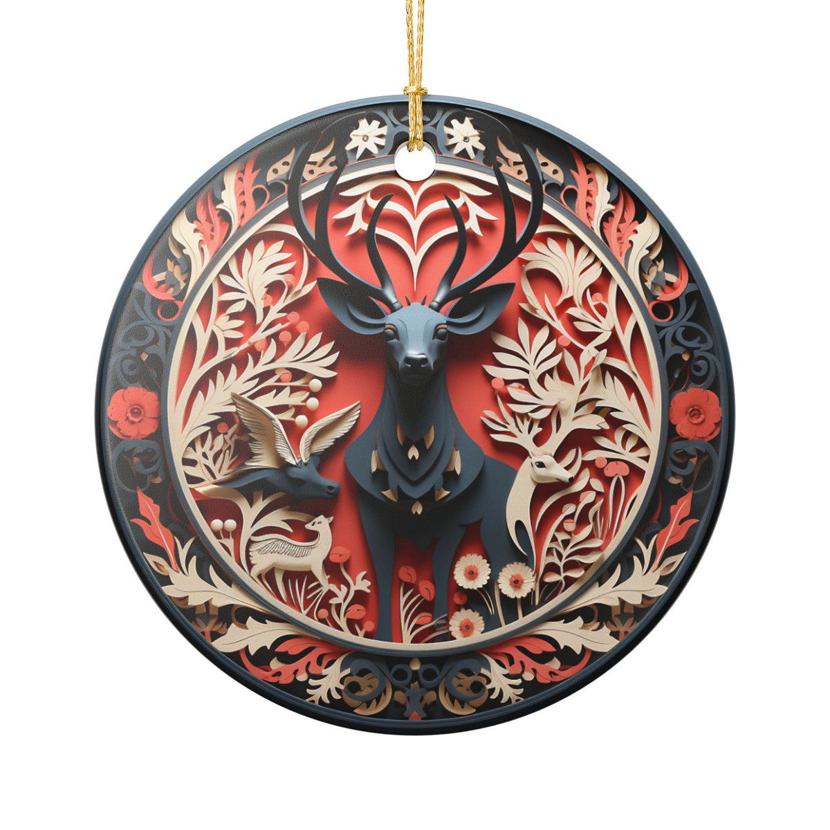 Ceramic Ornament – Nordic Reindeer and Botanical Christmas Tree Decoration    Item #968933