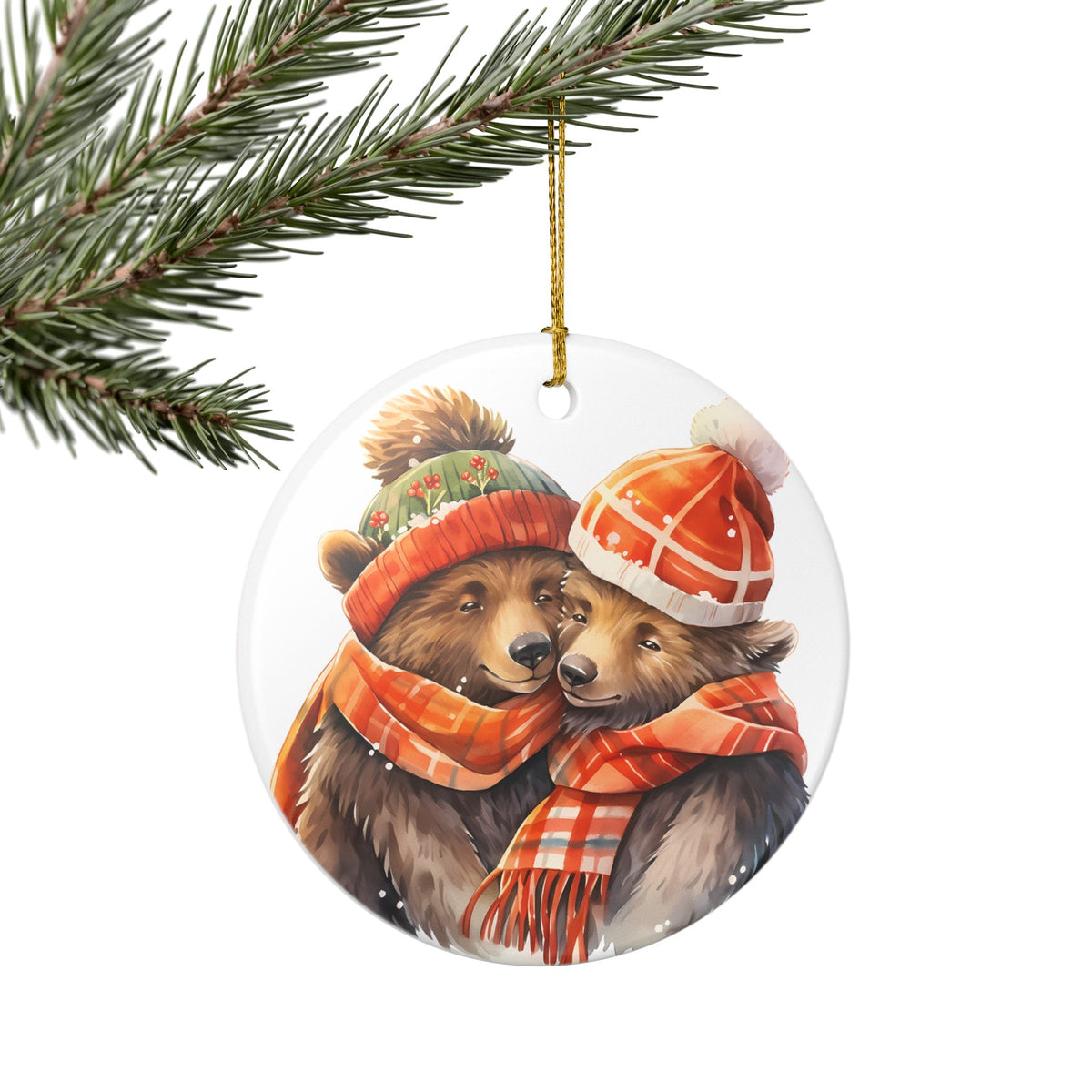Ceramic Christmas Ornament with Cozy Bear Couple in Winter Hats and Scarves   Item #981933