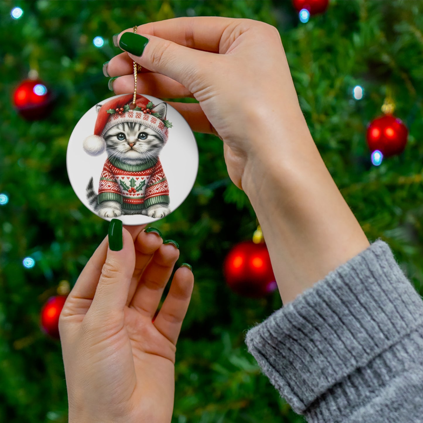 American Bobtail Christmas Kitten Ceramic Disc Ornament        Item #410804