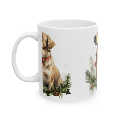 Golden Retriever Holiday Mug — Festive Dog Coffee Cup with Red Bow & Pine Wreath 11oz  Item #22897