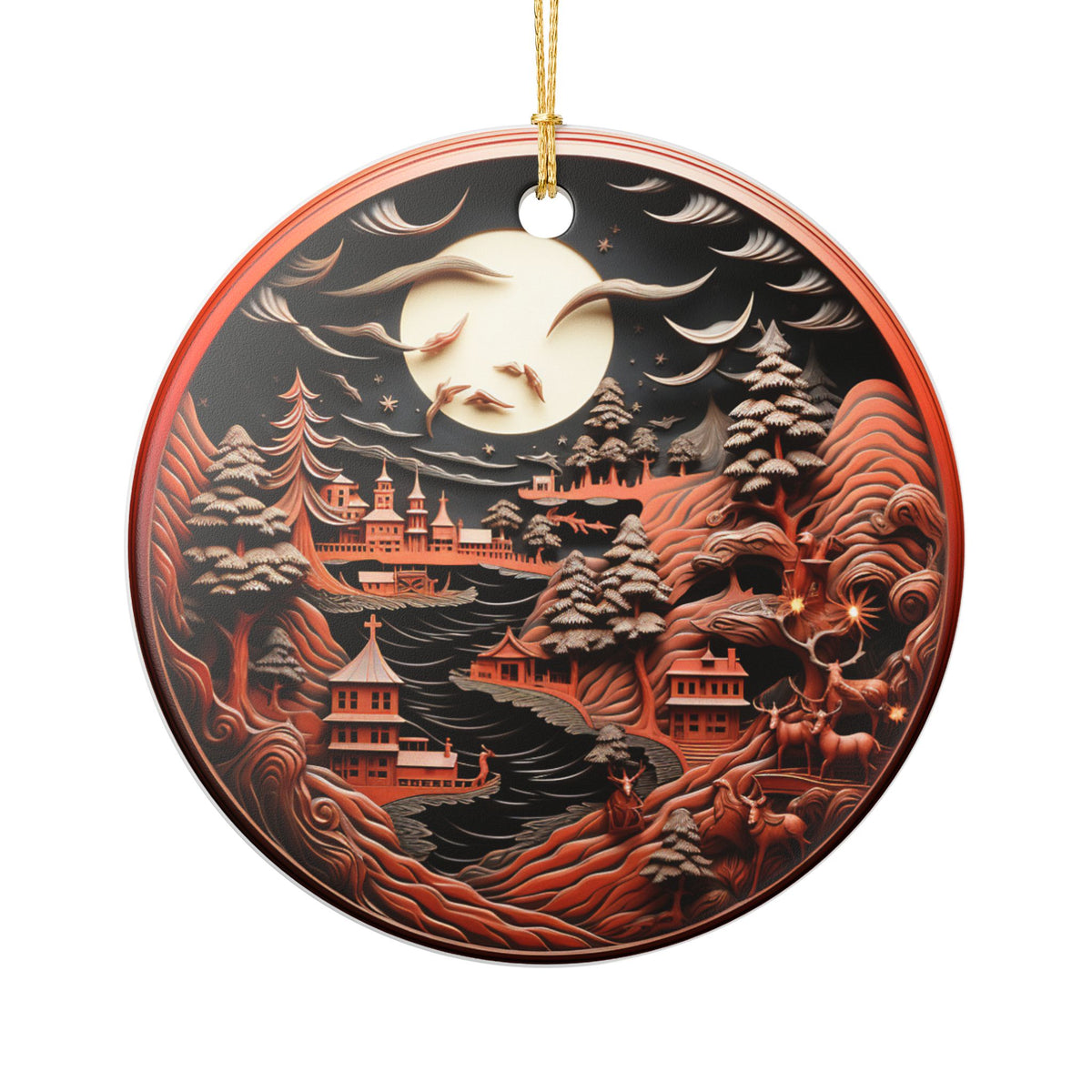 Ceramic Ornament – Enchanted Moonlit Mountain Village Holiday Decor   Item #317359