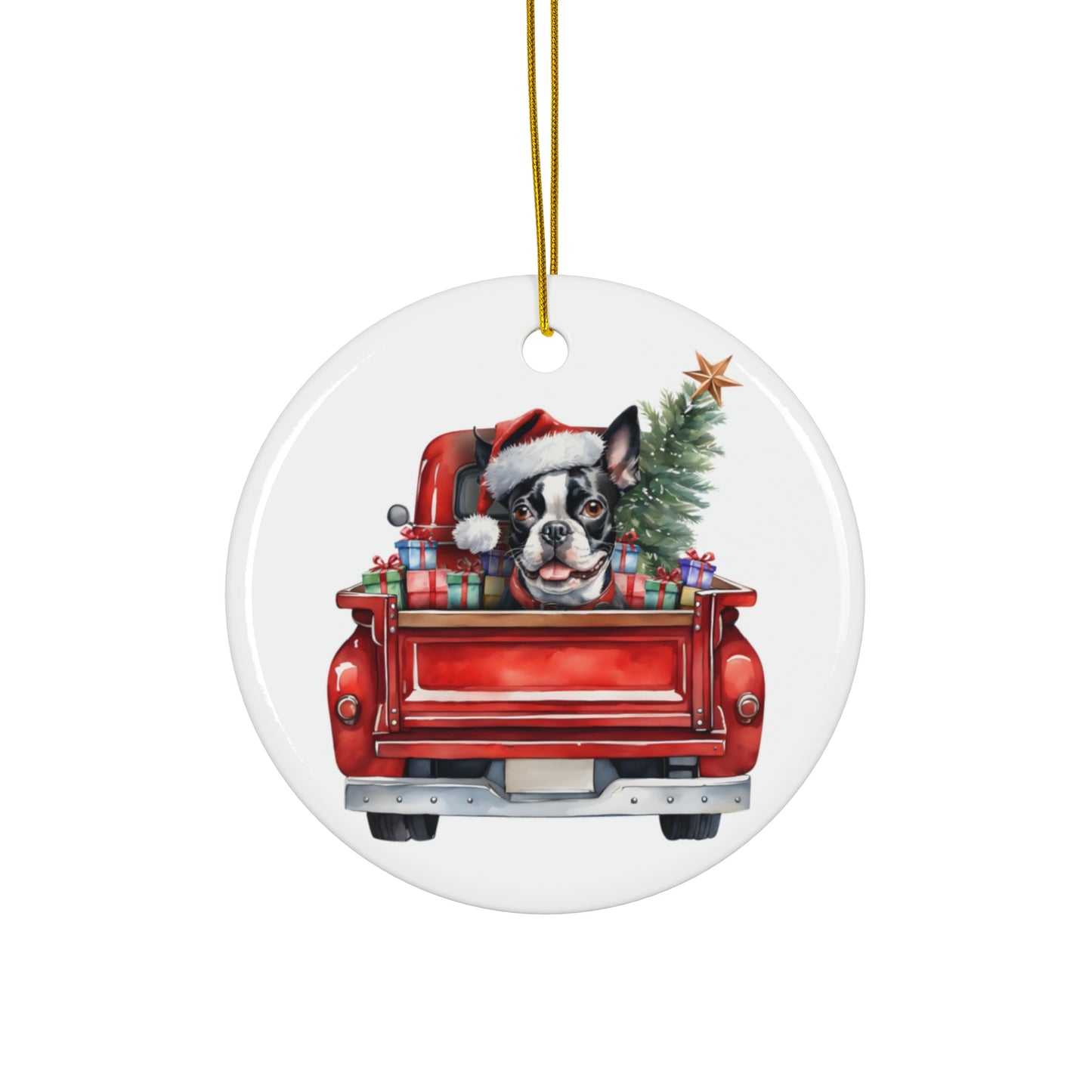 Boston Terrier Christmas Dog In Red Truck Ceramic Disc Ornament        Item #1816573