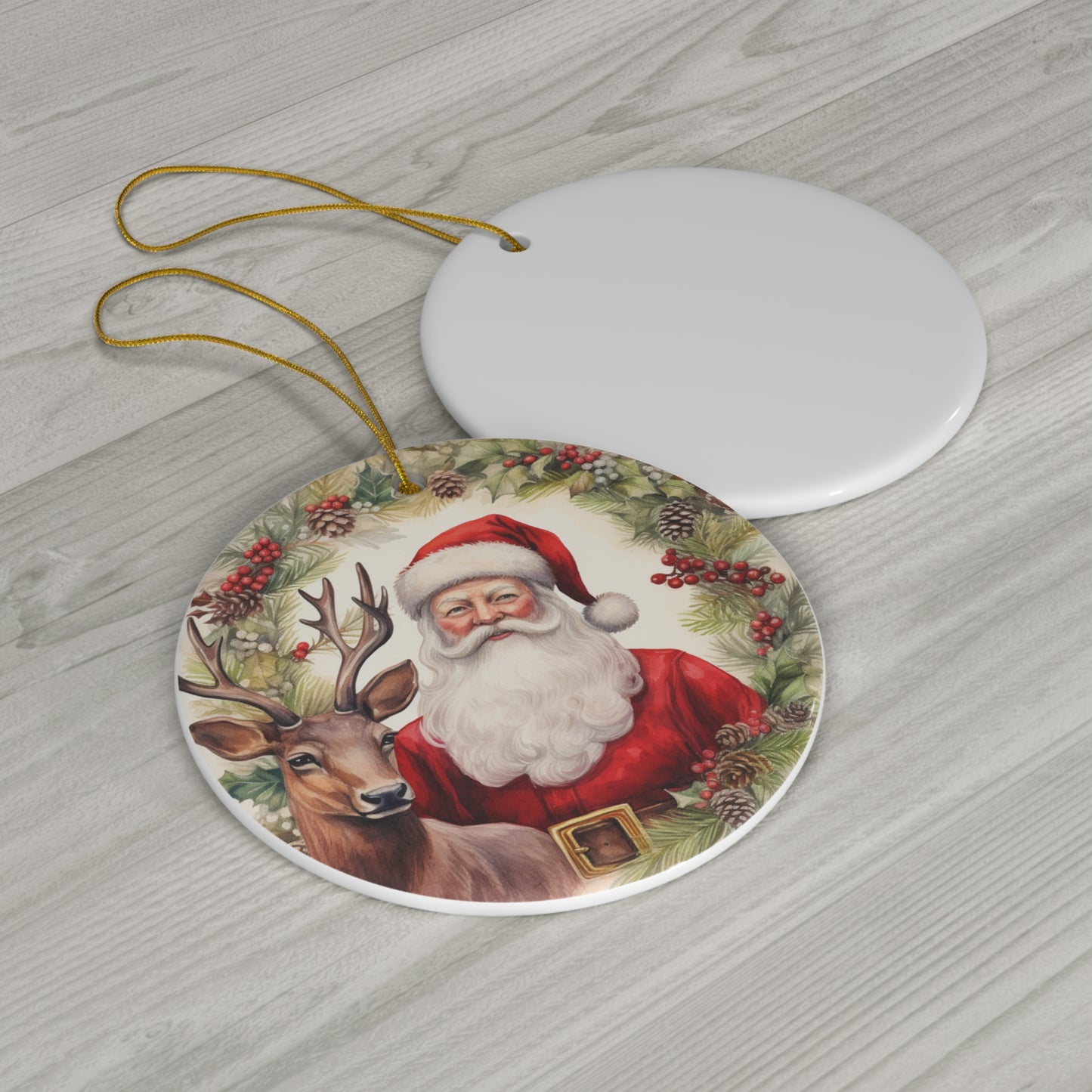 Ceramic Ornament - Santa And Reindeer      Item #366893