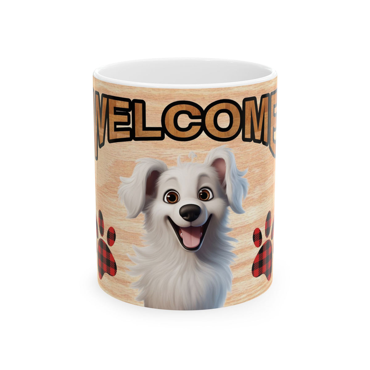 Welcome Dog Illustration Ceramic Mug – Cute Paw Print Coffee Cup 11oz    Item #305934
