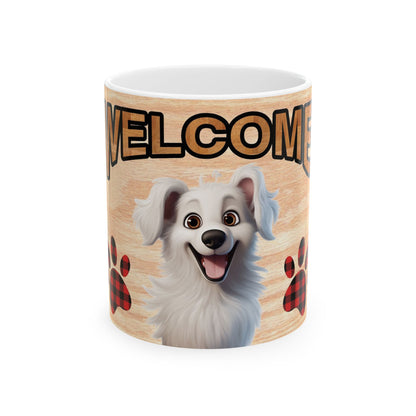 Welcome Dog Illustration Ceramic Mug – Cute Paw Print Coffee Cup 11oz    Item #305934