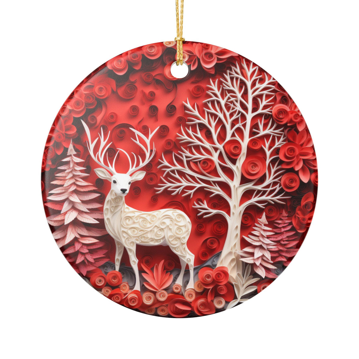 Ceramic Ornament – Red Winter Woodland Deer Christmas Tree Decoration   Item #901369