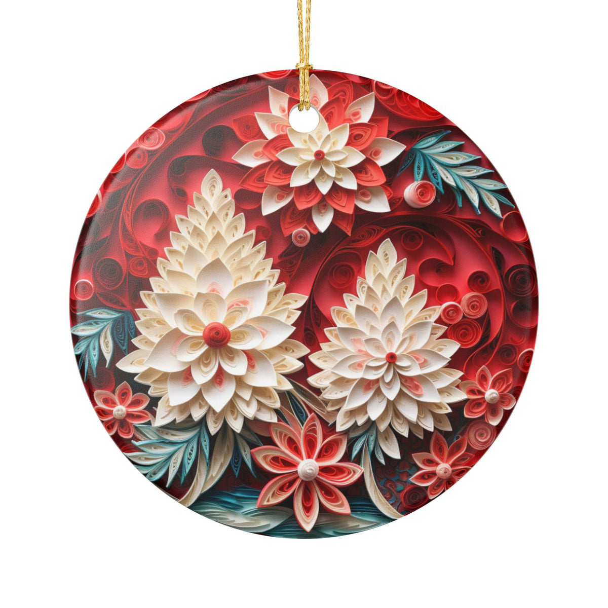Floral Ceramic Ornament – Red and White Botanical Holiday Décor   Item #26187