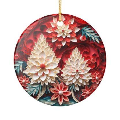 Floral Ceramic Ornament – Red and White Botanical Holiday Décor   Item #26187