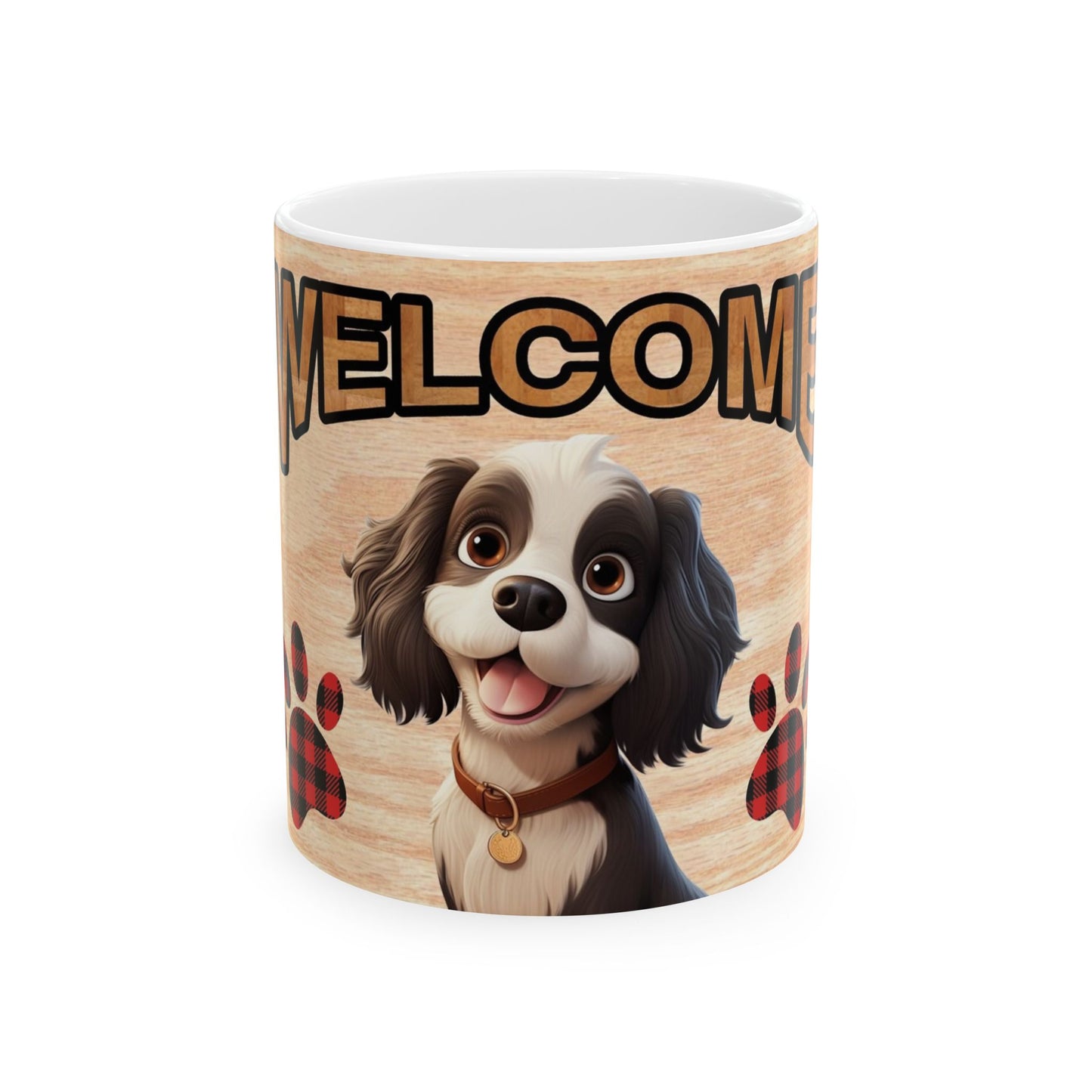 Welcome Dog Illustration Ceramic Mug – Cute Paw Print Coffee Cup 11oz    Item #794575