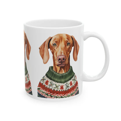 Dog Lover Mug — Vizsla in Festive Christmas Sweater Ceramic Coffee Cup 11oz   Item #91035