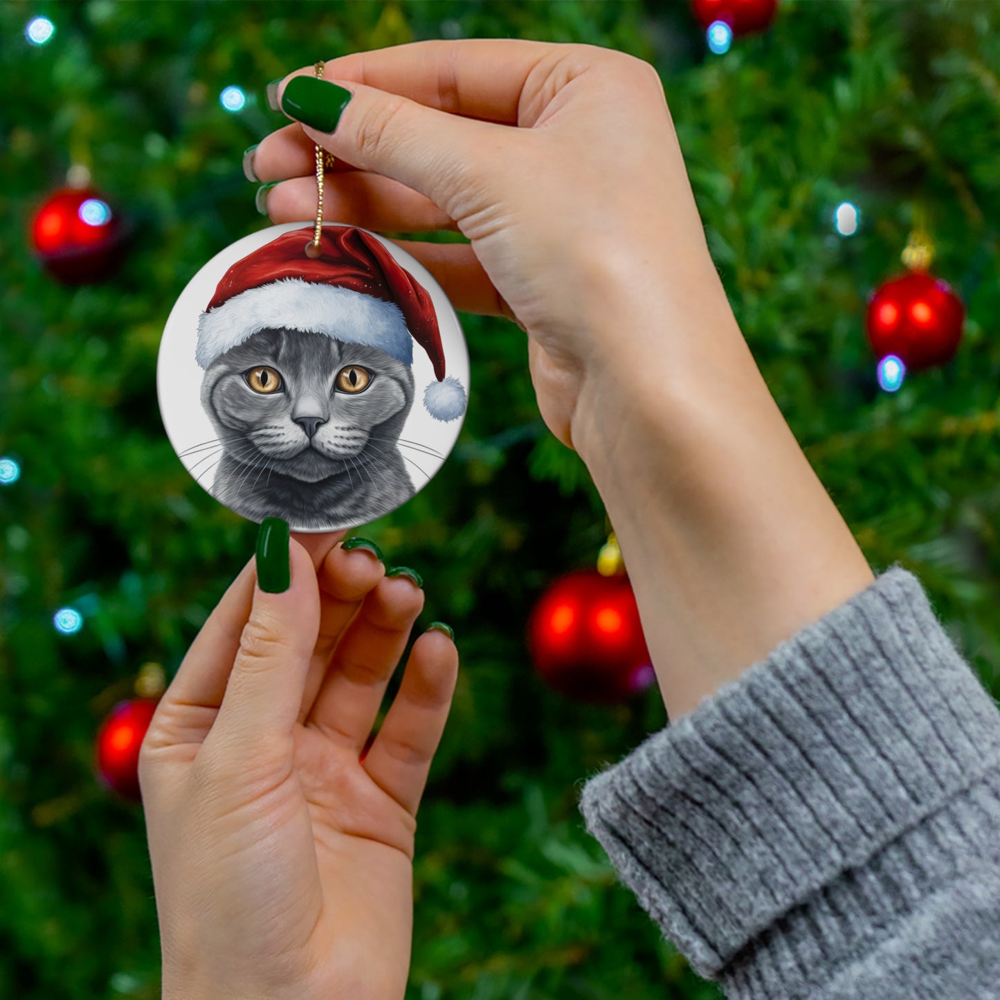 Russian Blue Cat With Santa Hat Ceramic Ornament      Item #3338484