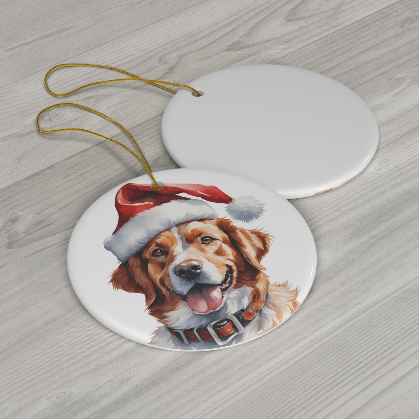 Brittany Dog With Santa Hat Ceramic Disc Ornament        Item #9364665