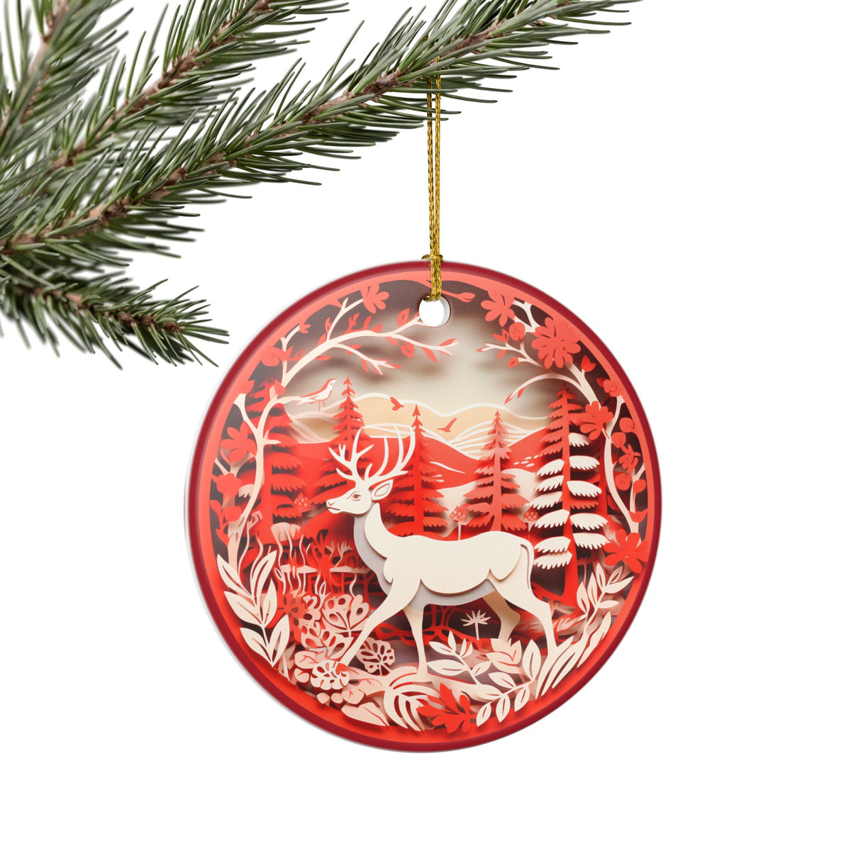 Ceramic Christmas Ornament – Red Reindeer Forest Holiday Decoration   Item #928701