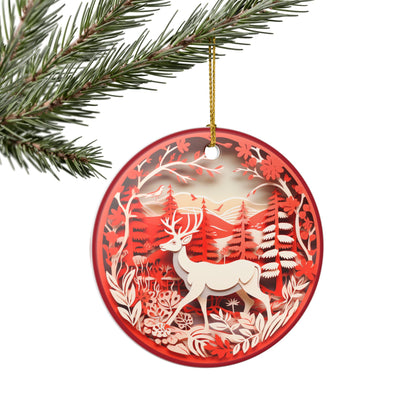 Ceramic Christmas Ornament – Red Reindeer Forest Holiday Decoration   Item #928701