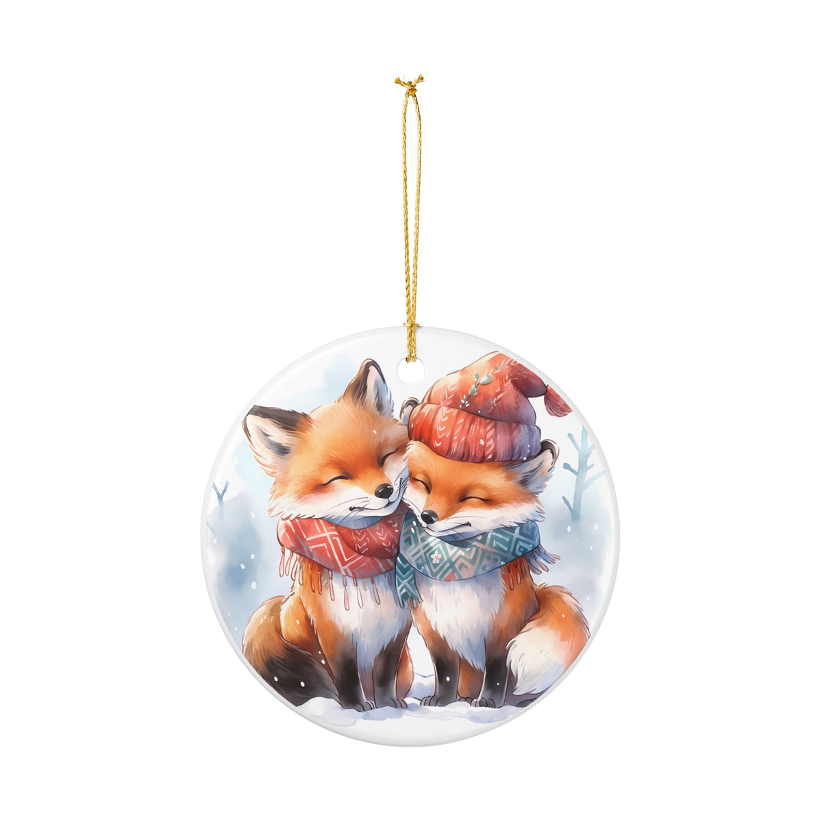 Ceramic Christmas Ornament with Cozy Winter Foxes   Item #59213