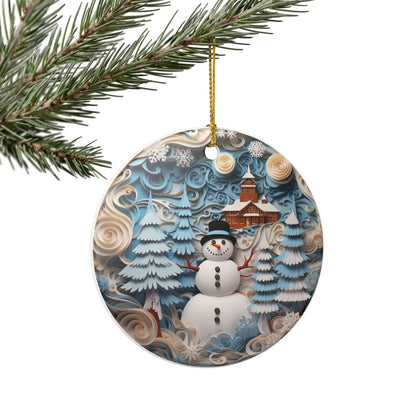 Ceramic Christmas Ornament with Snowman Winter Wonderland Design   Item #847496