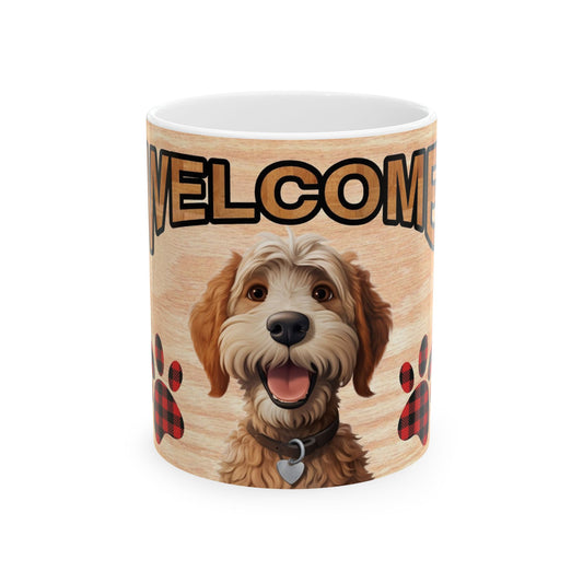 Welcome Dog Illustration Ceramic Mug – Cute Paw Print Coffee Cup 11oz    Item #55102